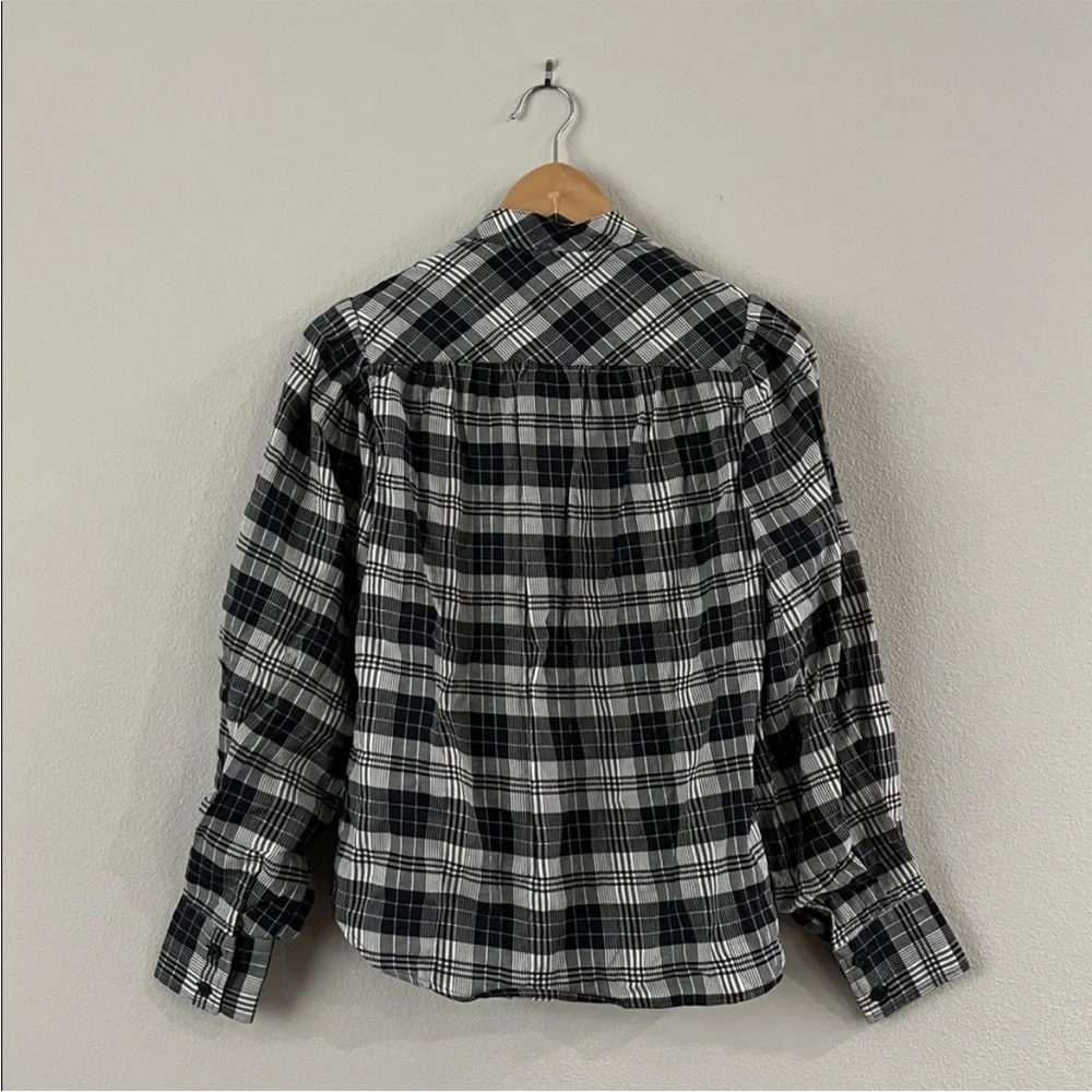 Unsubscribed $280 Plaid Puff Long Sleeves Blouse L NWOT Black White Boho
